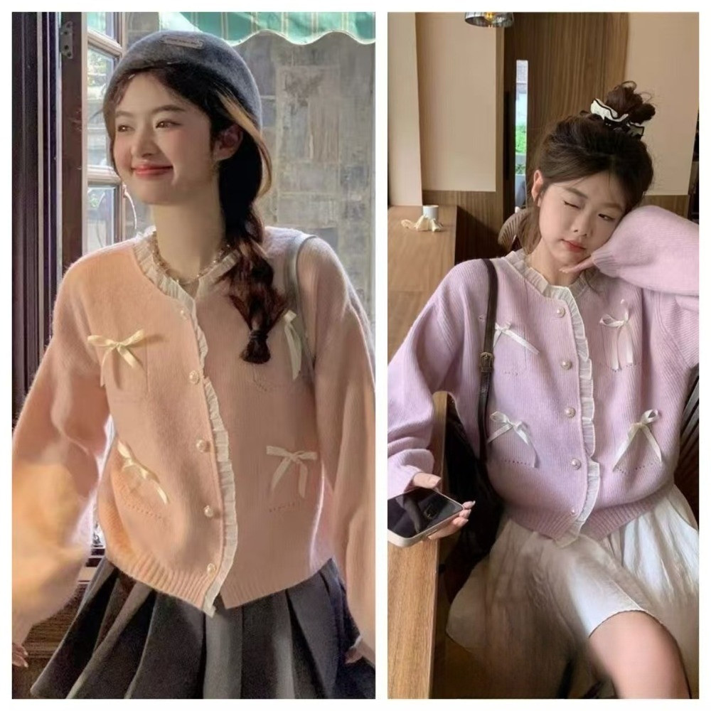 TURETREE  Áo Len Cardigan  Ren Nữ Áo Khoác Dệt Kim Ngắn Nơ Dáng Rộng Thời Trang Mới Fashion