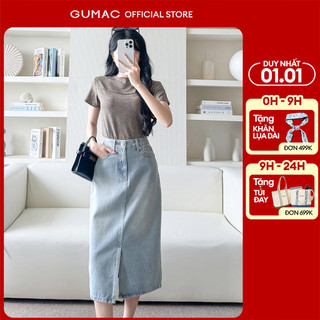  Chân váy nữ Gmorning - GUMAC jean midi xẻ tà trước có túi hàm ếch  YVJF09008 