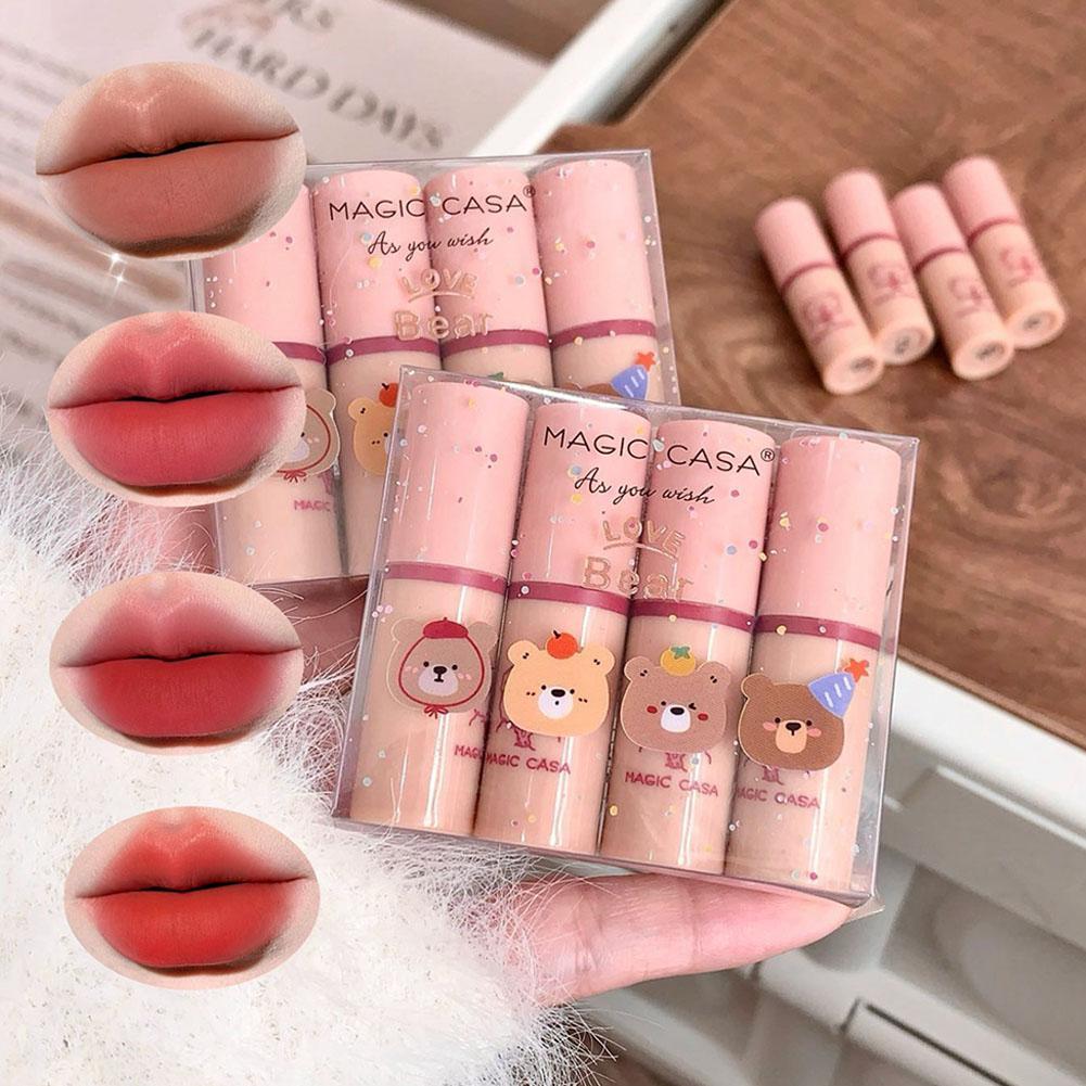 4 Cái / bộ Mini Bear Lipstick Glaze Set Box Matte Lipstick