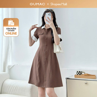  Đầm nữ GUMAC form A cổ sơ mi phối nẹp đính nút vải linen bố sọc  DF09021 