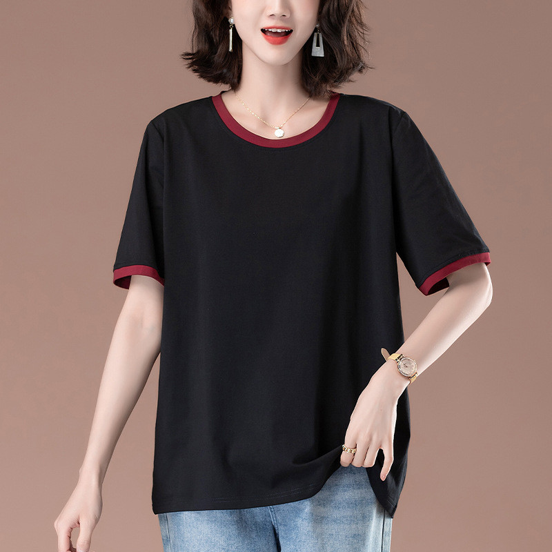 Women's Short-Sleeved T-shirt Summer plus-Sized plus Size Women's Loose Mom Casual Cotton Black Slim