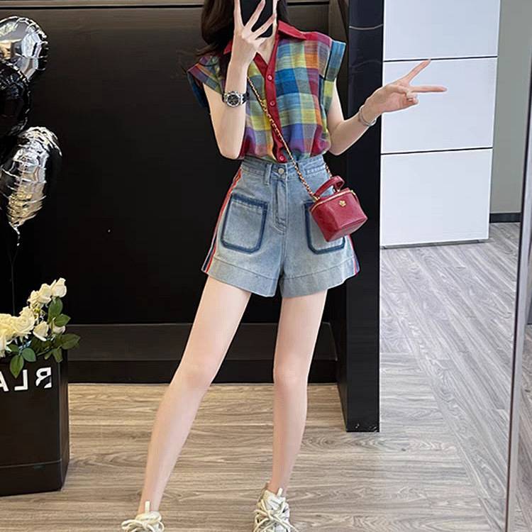 Trendy Sense of Design Pants Women's Fashion Rainbow Plaid Denim Shorts Women's Summer MyaV