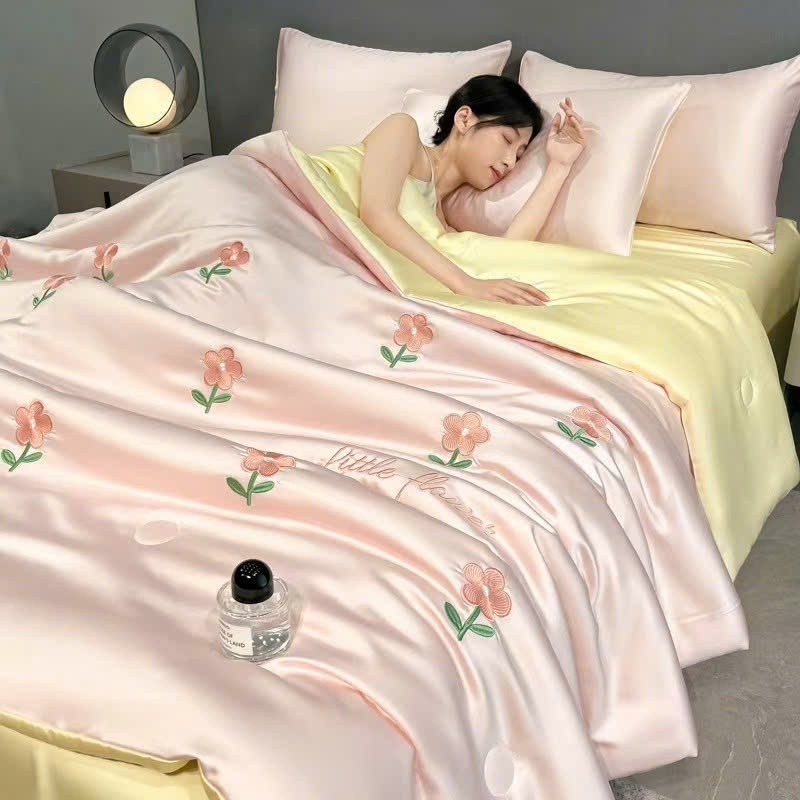 Bộ chăn ga gối 4 món lụa thái cao cấp - set ga gối chăn chần bông thun lạnh thoáng mát mùa hè