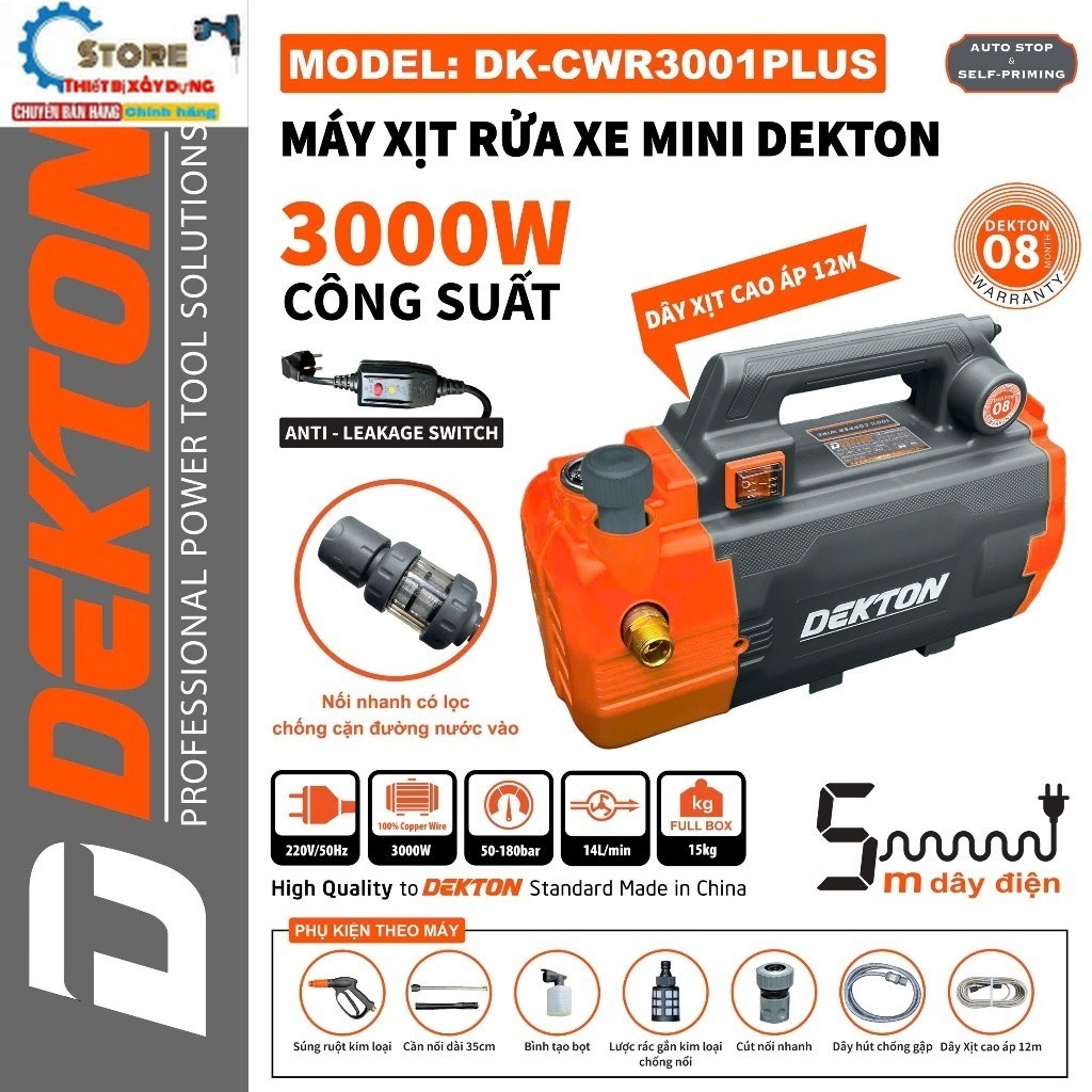 Máy rửa xe chỉnh áp DEKTON DK-CWR3001Plus, 3000W 180Bar Có chống giật Lưu lượng 14 lít Store thiết b