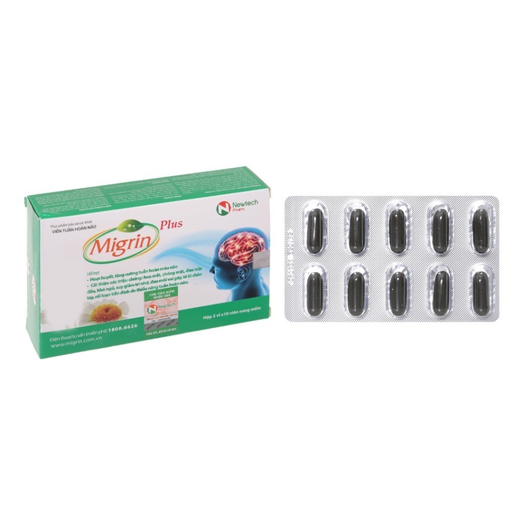 Viên uống Migrin Plus hỗ trợ hoạt huyết, tăng cường tuần hoàn máu não (2 vỉ x 10 viên)