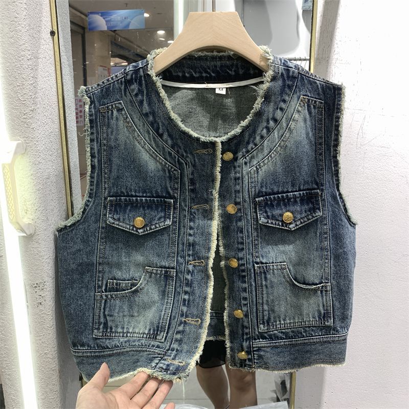 Nữ Áo Vest Denim Fringe Edge Oversize từ Cotton, Thích Hợp Mùa Thu và Dạo Phố