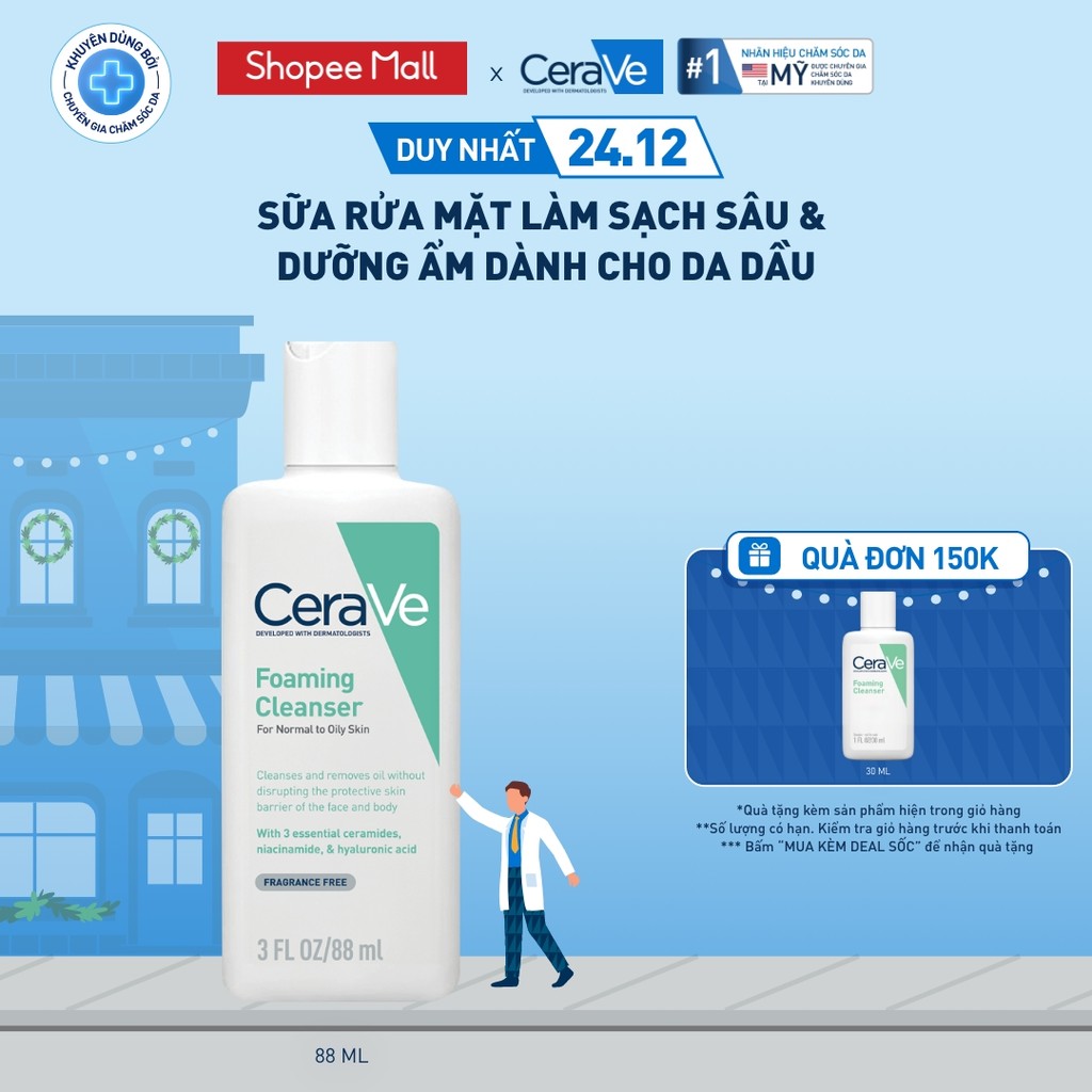 Sữa rửa mặt giúp làm sạch sâu dành cho da dầu  Cerave Foaming Facial Cleanser 88ml