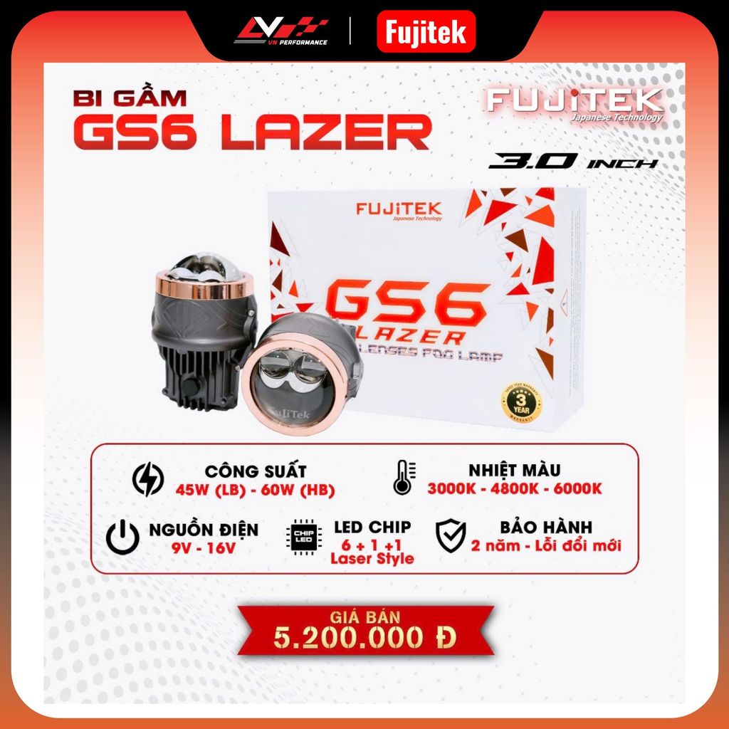 Đèn bi gầm chính hãng Fujitek GS6 3.0inch dành cho oto, xe máy, Bi gầm LED 3 màu, công nghệ laser - 