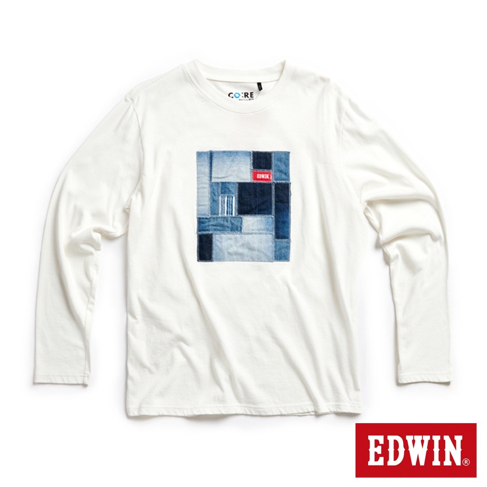Quần Edwin Denim họa tiết nối logo, 100% cotton, dáng rộng cổ tròn kèm áo thun