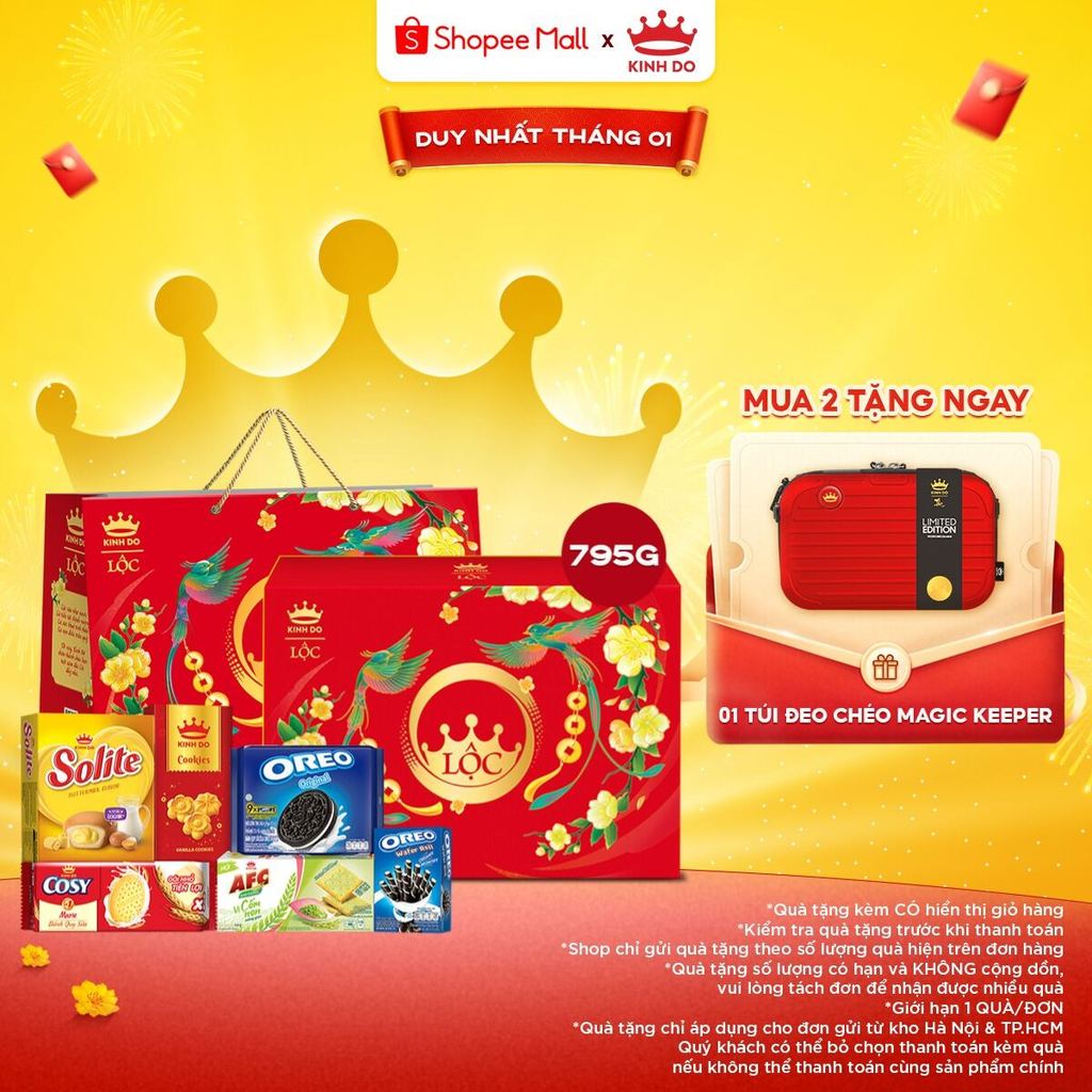   CÓ TÚI GIẤY  Hộp Bánh Kinh Đô Tết 2026 Lộc Phú Quý Đỏ Vàng 795g 