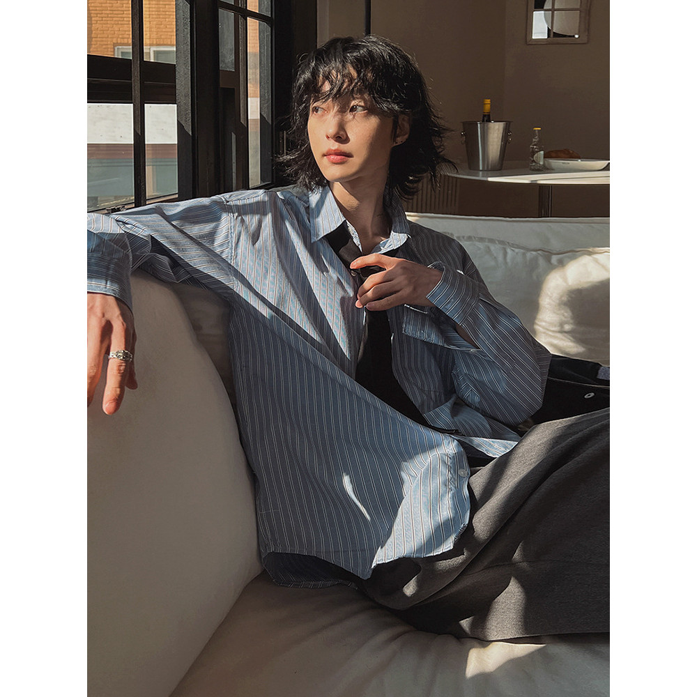 MYQ Striped Long Sleeve Shirt Men's Autumn Loose Casual Shirt Commuting Old Money Style Outfit