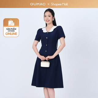  Đầm nữ dáng A xòe GUMAC phối bâu trắng đính nút màu xanh đen tôn dáng sáng da  LDD1214 