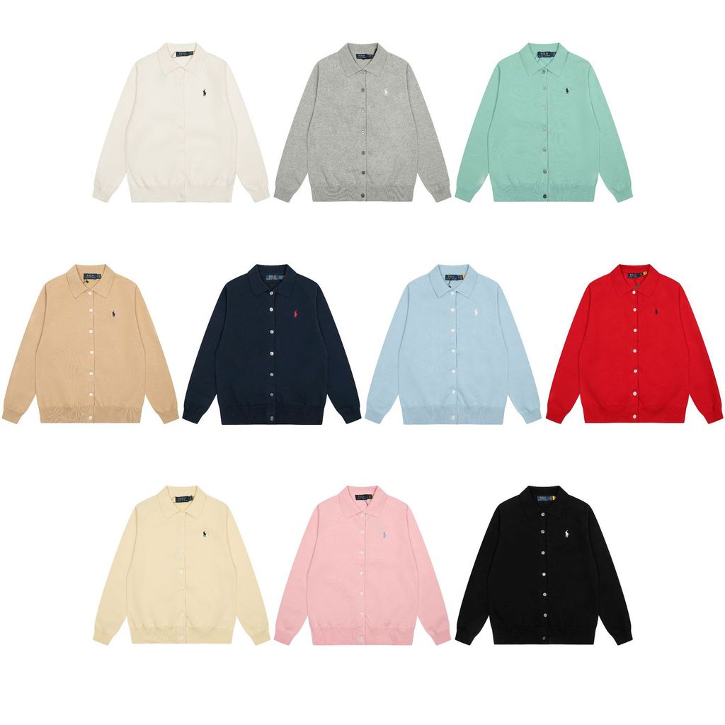 AB1D RL New Embroidery POLO Shirt Lapel Long Sleeve Knitted Sweater Cardigan Loose Fit Unisex