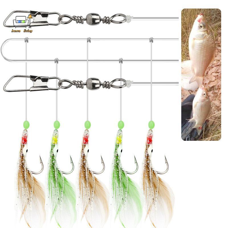 [Onw] Móc câu Chien Feather Octopus Glow-in-the Dark Bead String Hook 5 móc / dây treo Bộ câu cá [th