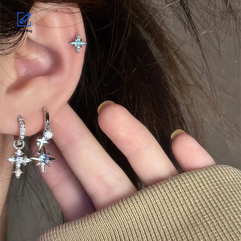ONew Xanh Zircon Tám Cánh Ngôi Sao Mặt Dây Chuyền Bông Tai Nữ Màu Bạc Ngôi Sao sel Tai Bule Y2K Tran