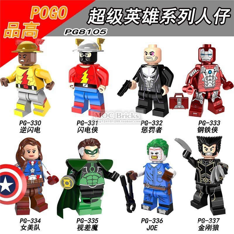 Khối xây dựng siêu anh hùng Pingo Minifigure PG330-337 Iron Man Flash Reverse Flash Punisher Wolveri