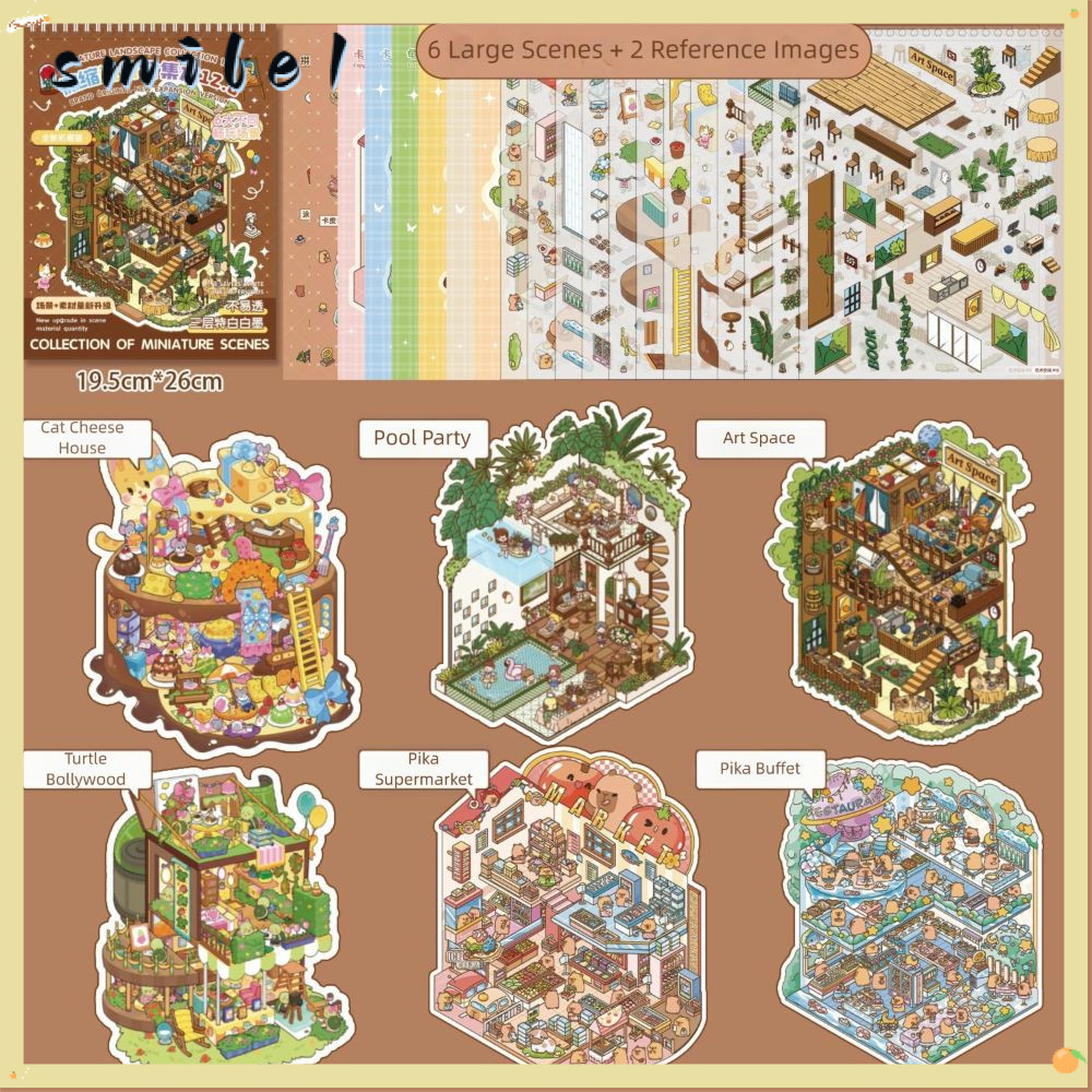 Bộ sưu tập cảnh thu nhỏ SMILE, Phim hoạt hình DIY Phong cảnh Sticker Book, Kawaii Visual Stacking PE