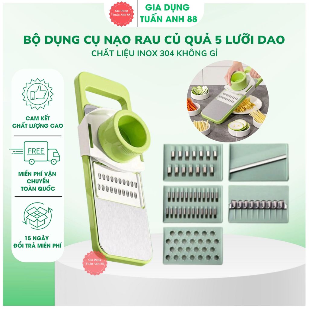 Bộ Dụng Cụ Nạo Rau Củ Quả 5 Lưỡi Dao Inox 304 Không Gỉ, Đồ Bào Rau Củ Đa Năng - GDTA88