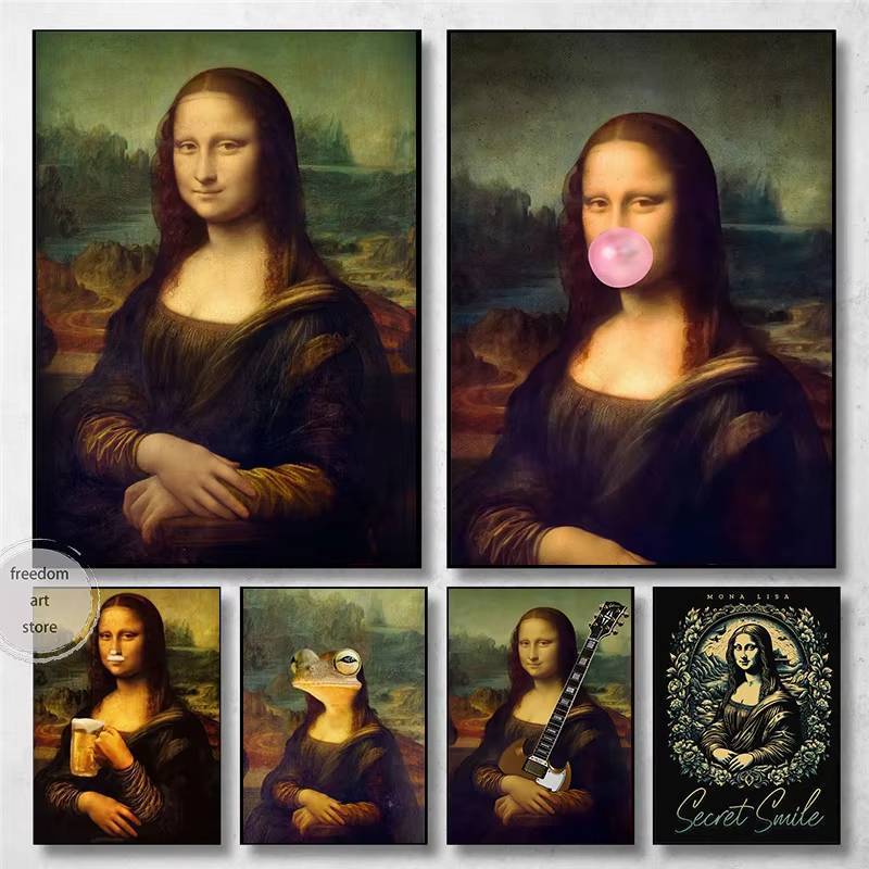 Nổi Tiếng Vintage Mona Lisa Với Bong Bóng Kẹo Cao Su Bí Mật Nụ Cười Nghệ Thuật Poster Canvas Tranh I