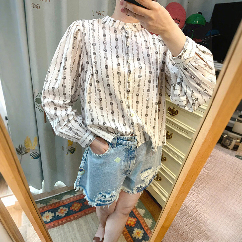 R8IM Sandro 2024Autumn and Winter retro Women's Striped Printed Round Neck Long Sleeve Waist Bandage