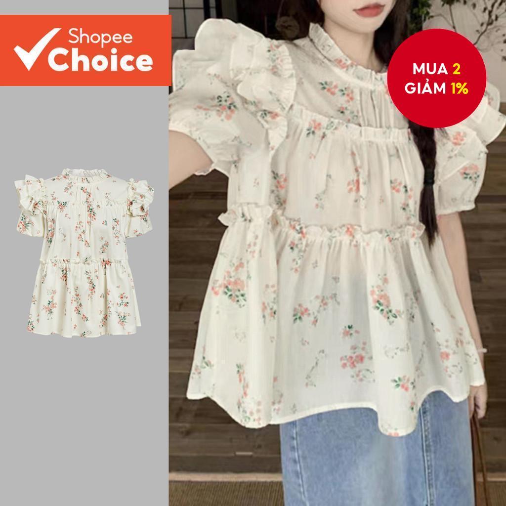 Áo Sơ Mi Nữ Ditsy Hoa Kỳ Kỳ Nghỉ Ruched Ruffle Áo LNE20173 (Nhiều Màu)