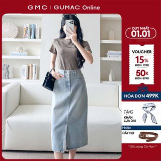  Chân váy jean nữ midi denim có xẻ tà trước thân trước có túi hàm ếch thân sau túi đắp thời trang GUMAC YVJF09008 