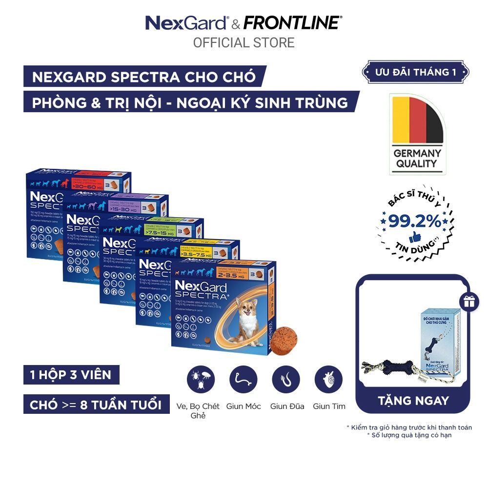   FREE QUÀ TẶNG  NexGard SPECTRA - Viên nhai phòng nội ngoại ký sinh  ve rận bọ ghẻ giun  dành cho Chó 