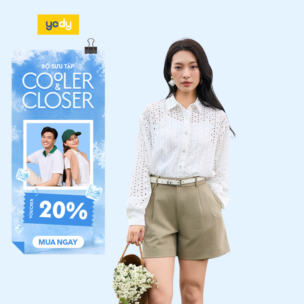 [SALE OFF] Áo sơ mi dài tay nữ ren thêu dáng rộng YODY thoáng mát  thân thiện với da WOSH25S040