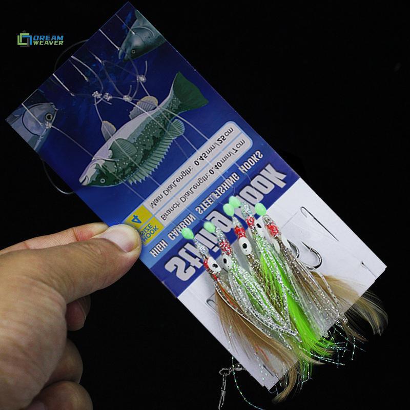 [Dream Weaver] Móc câu cá Chien Feather Octopus Glow-in-the Dark Bead String Hook 5 móc / dây Bộ câu