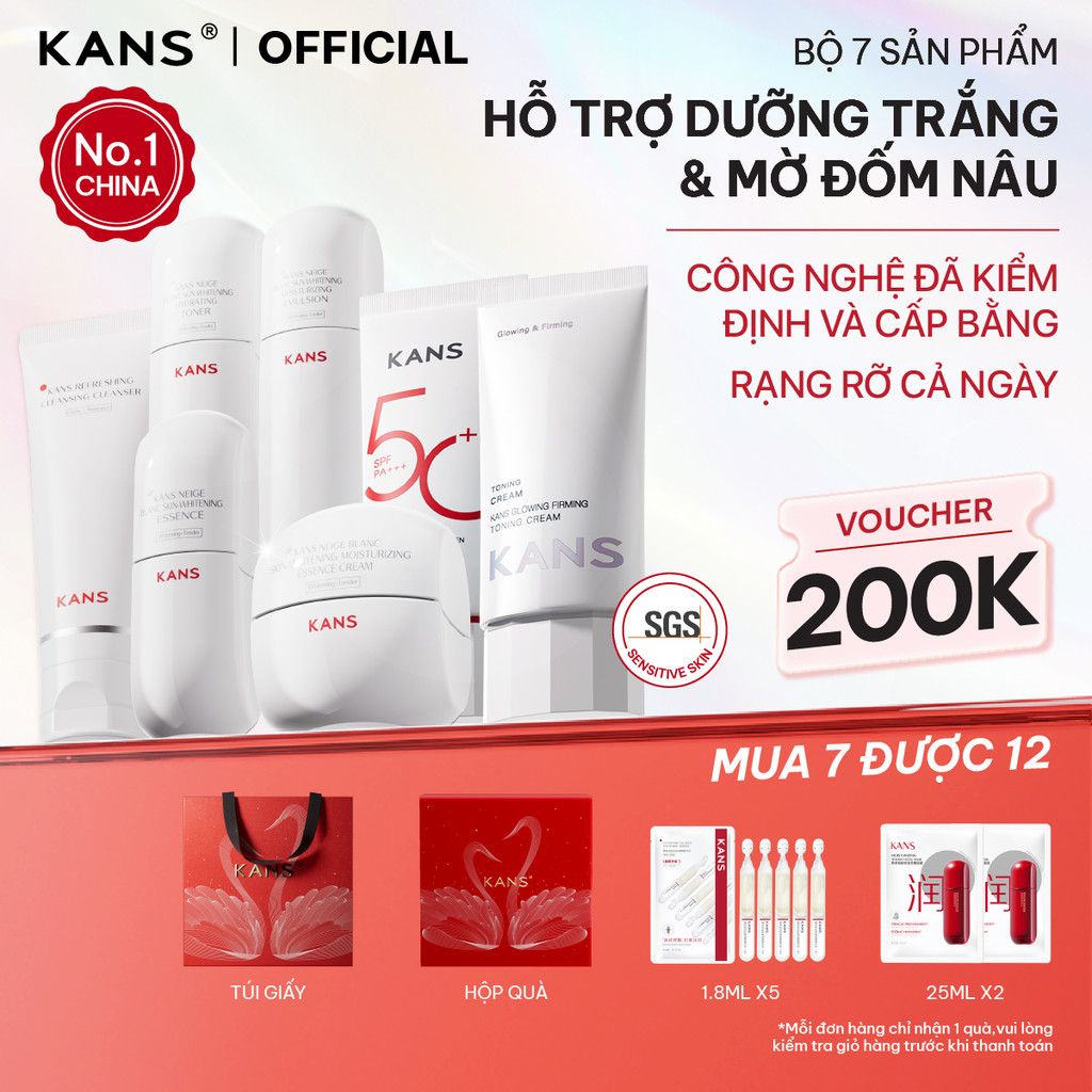 KANS Combo 7 Món Dưỡng Trắng Da Toàn Diện - Kem Chống Nắng & Kem Nâng Tông- Sữa Rửa Mặt - Toner - Lo