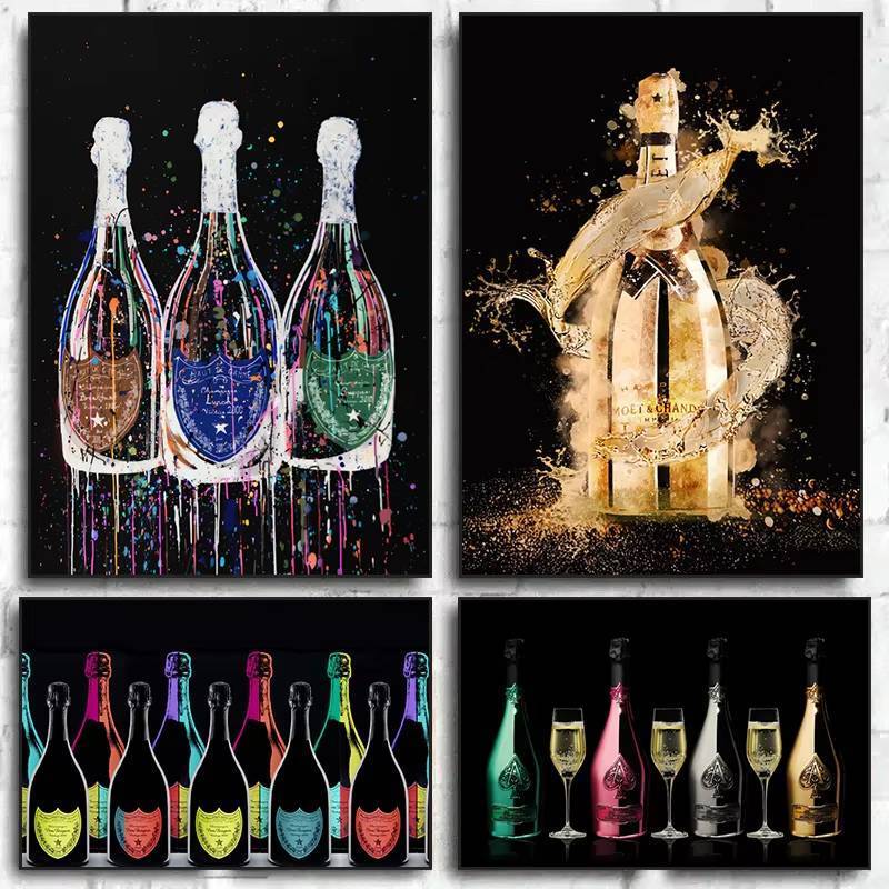 Modern Bar Restaurant Wall Art Mural Colorful Champagne Poster No Frame Canvas Painting Champagne Lu