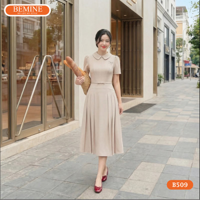 Đầm thiết kế BEMINE cổ sen đai eo liền đính nơ dáng chữ A phù hợp đi làm-B509