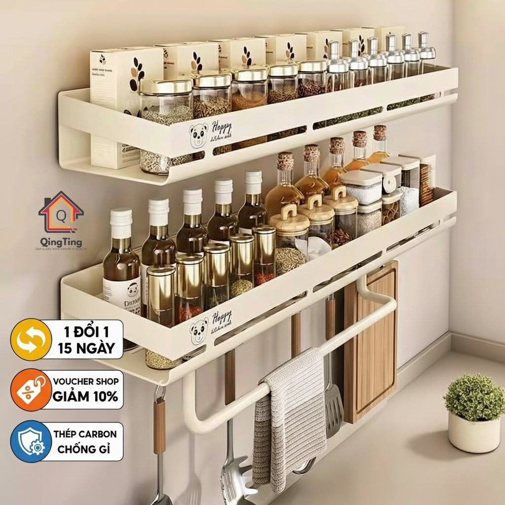 Kệ Đựng Gia Vị Đa Năng Có Móc Treo Và Khăn Không Cần Khoan Tường, Thép Carbon Cao Cấp