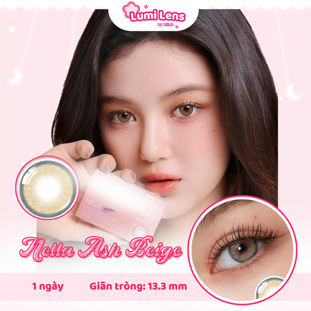 Lens 1 ngày | Kính áp tròng GIÃN TRÒNG nâu tây sáng NELLA ASH BEIGE KOREA | Lumi Lens by klinh