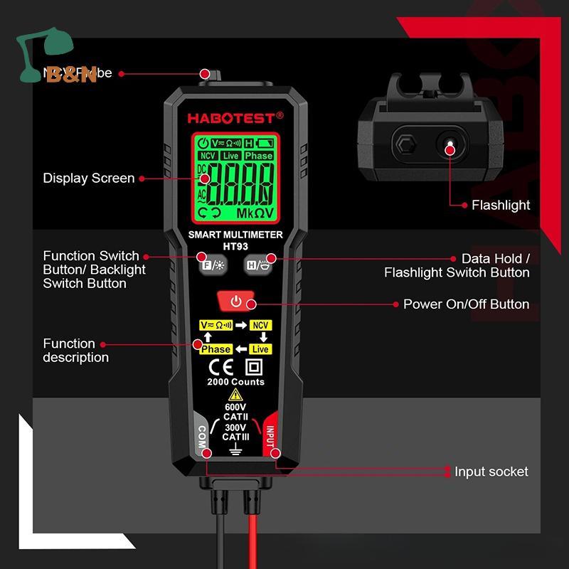 XeR 1 Cái AC / DC Điện Trở Điện Áp Đo Liên Tục HT93 Đồng Hồ Vạn Năng Kỹ Thuật Số Thông Minh NCV Đồng