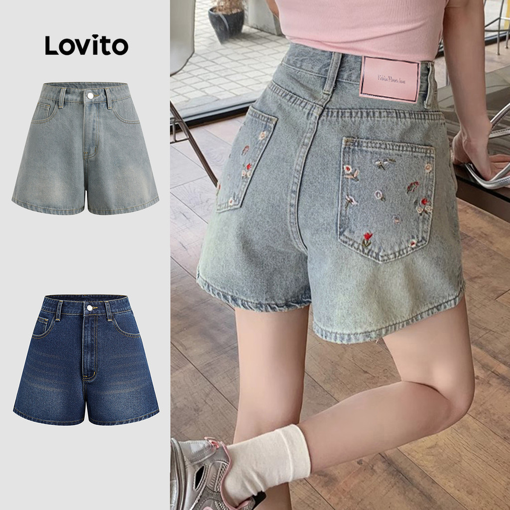 Lovito Quần short Denim thêu ngắn túi mùa hè / xuân giản dị dành cho nữ L125AD221