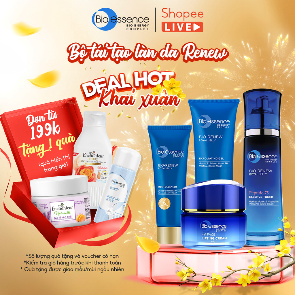Bio-essence Renew – Tái tạo da: Gel Tẩy tế bào chết 60g, Sữa rửa mặt 100g, Kem nâng cơ 45g, Toner 10