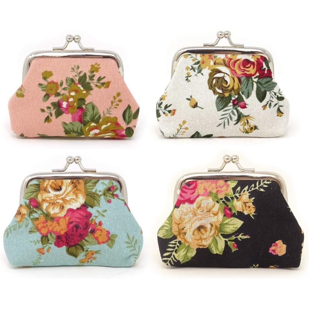 4 Canvas Hoa Hồng Hoa Tiền Xu Ví Kiss Khóa Thay Đổi Ví Nữ Nhỏ Ví Ly Hợp Ví Vintage Trượng Túi FU4K