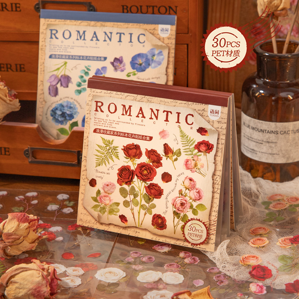 Ông Giấy 30 tờ / cuốn sách Nhãn dán PET Sách phong cách văn học cổ điển Hoa Tulip hoa hồng vẽ tay là