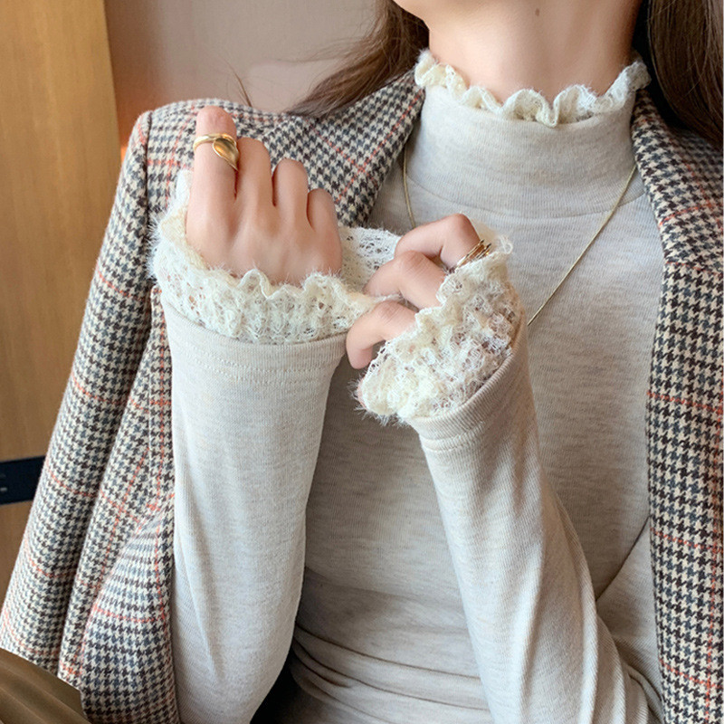 H270 Áo sơ mi ren mỏng cổ rùa thu đông