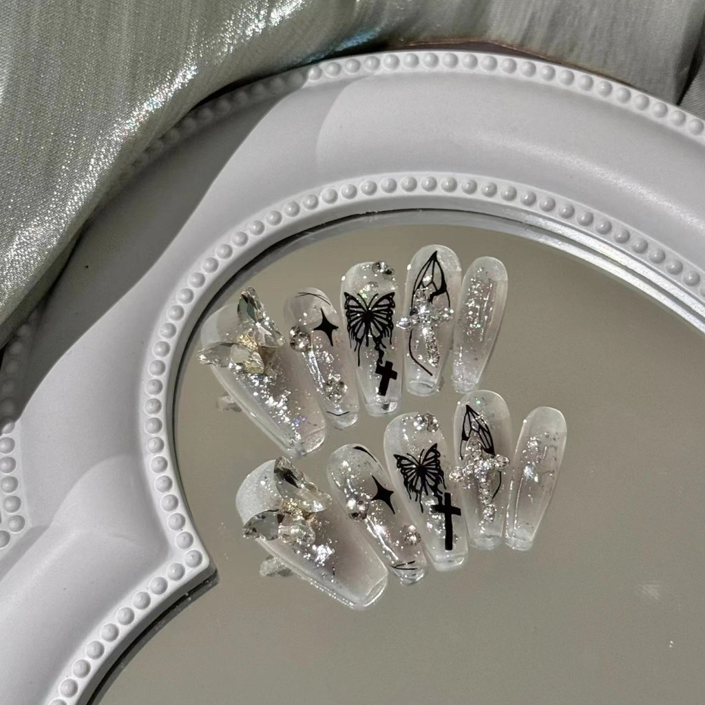 [Hàng có sẵn] Handmade Press on Nails Black Ombre Luxury Butterfly Fake Nails
