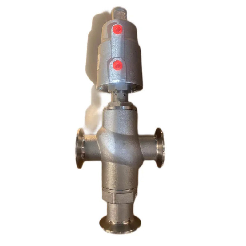 Pneumatic 3-way angle seat piston stop shut-off valve