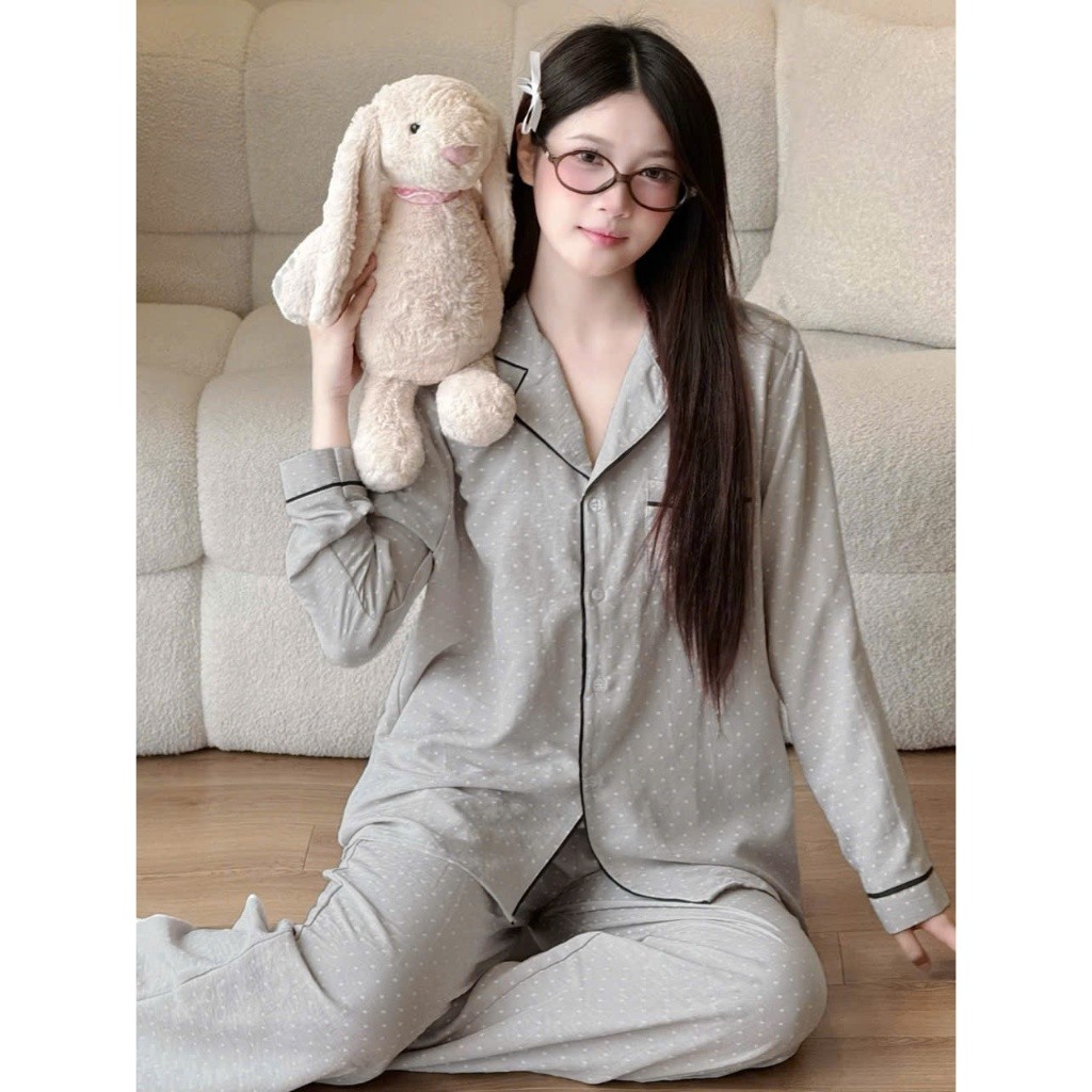 Bộ đồ ngủ nữ dài tay cotton đũi mềm mại, thoáng mát, họa tiết chấm bi dễ thương