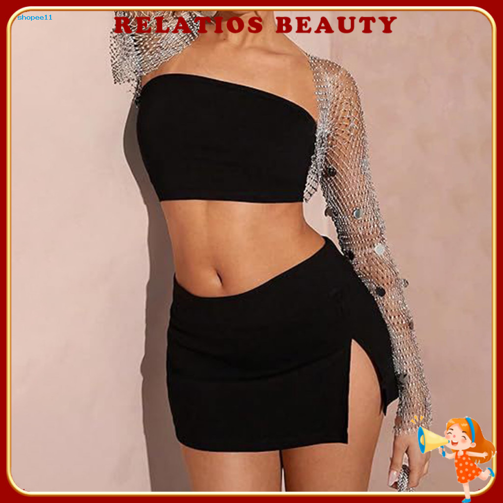 Top Bolero Fishnet Tay Dài Mở Trước với Kim Sa Lấp Lánh - Phù Hợp Mặc Đi Tiệc