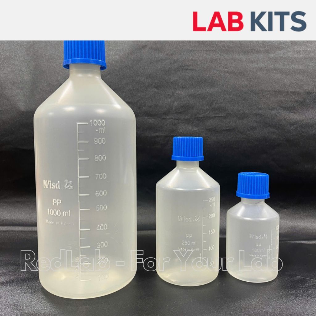 Chai nhựa PP trắng miệng hẹp WISD 100 250 500 1000 2000 ml - nắp vặn xanh GL32 GL45, chịu nhiệt, Lab
