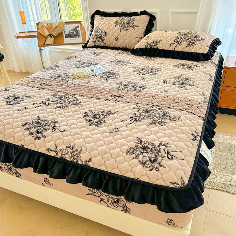 Bộ ga trải giường nhung sữa bốn món, bảo vệ nệm flannel bao quanh đầy đủ, ga trải giường dày