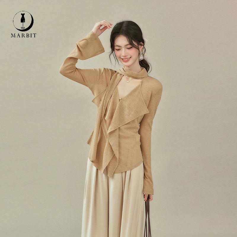 Áo Thun Nữ Thu Đông 2025 Cổ Chữ V Ribbon, Form Slim Fit Thời Trang