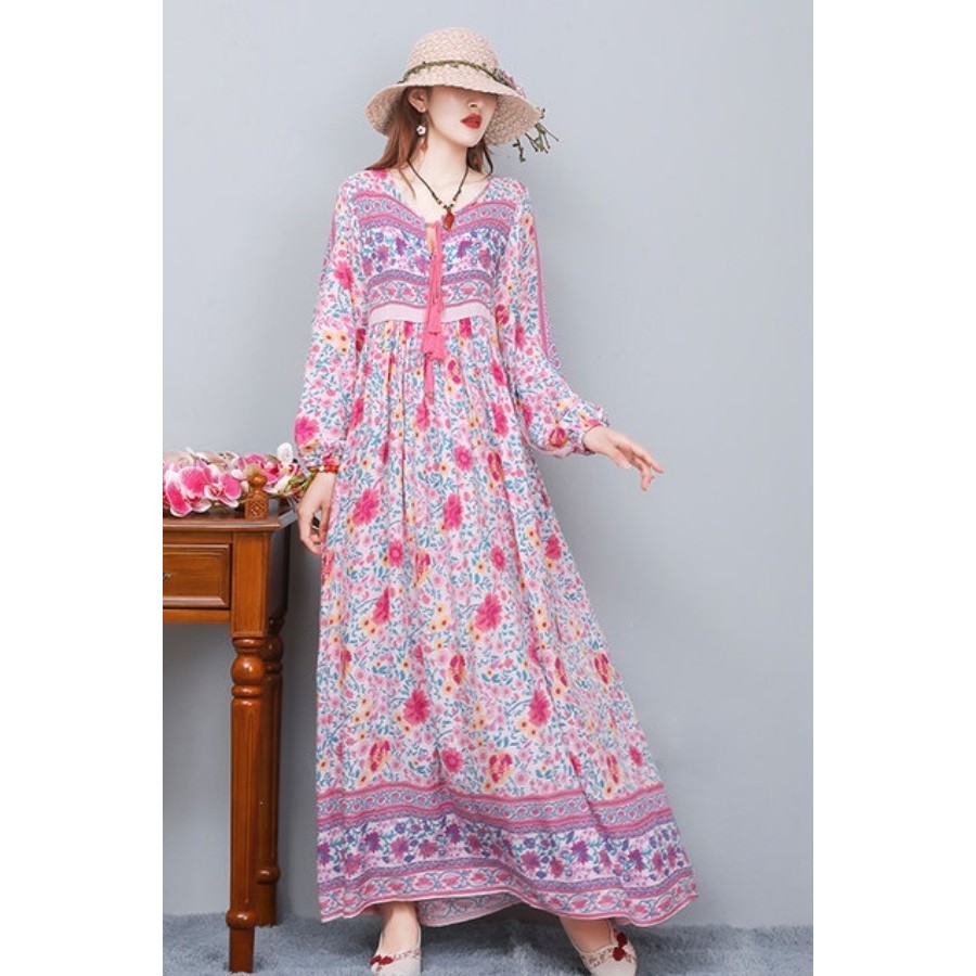 Váy in hình cotton phong cách dân tộc dành cho nữ váy dài mùa xuân váy dài bohemian rộng rãi Váy dài