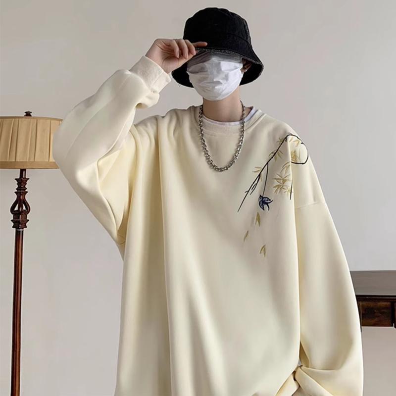 New Chinese Style Men's Hoodless Sweater, Bamboo Printed Pullover Sweatshirt Fashion Trend, Loose Fi