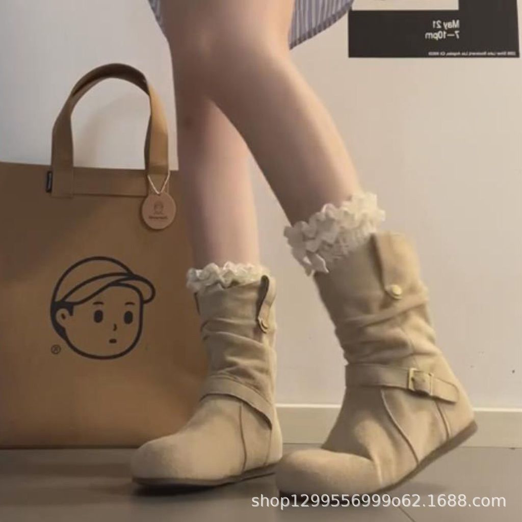 Slimer Look Niche Buckle Western Cowboy Boots Martin Boots Nữ Thu Đông Mới Thiết Kế Sản Phẩm Mới Cảm